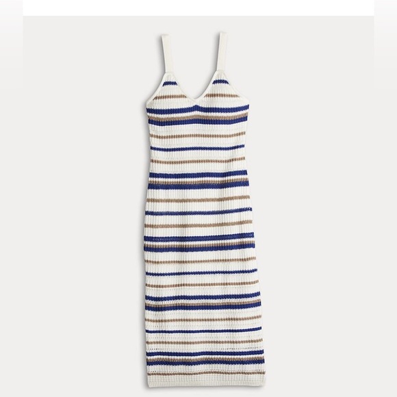 Freshman Womens Striped Crochet Knit Midi Dress White Navy Tan V-Neck Large - Picture 9 of 9